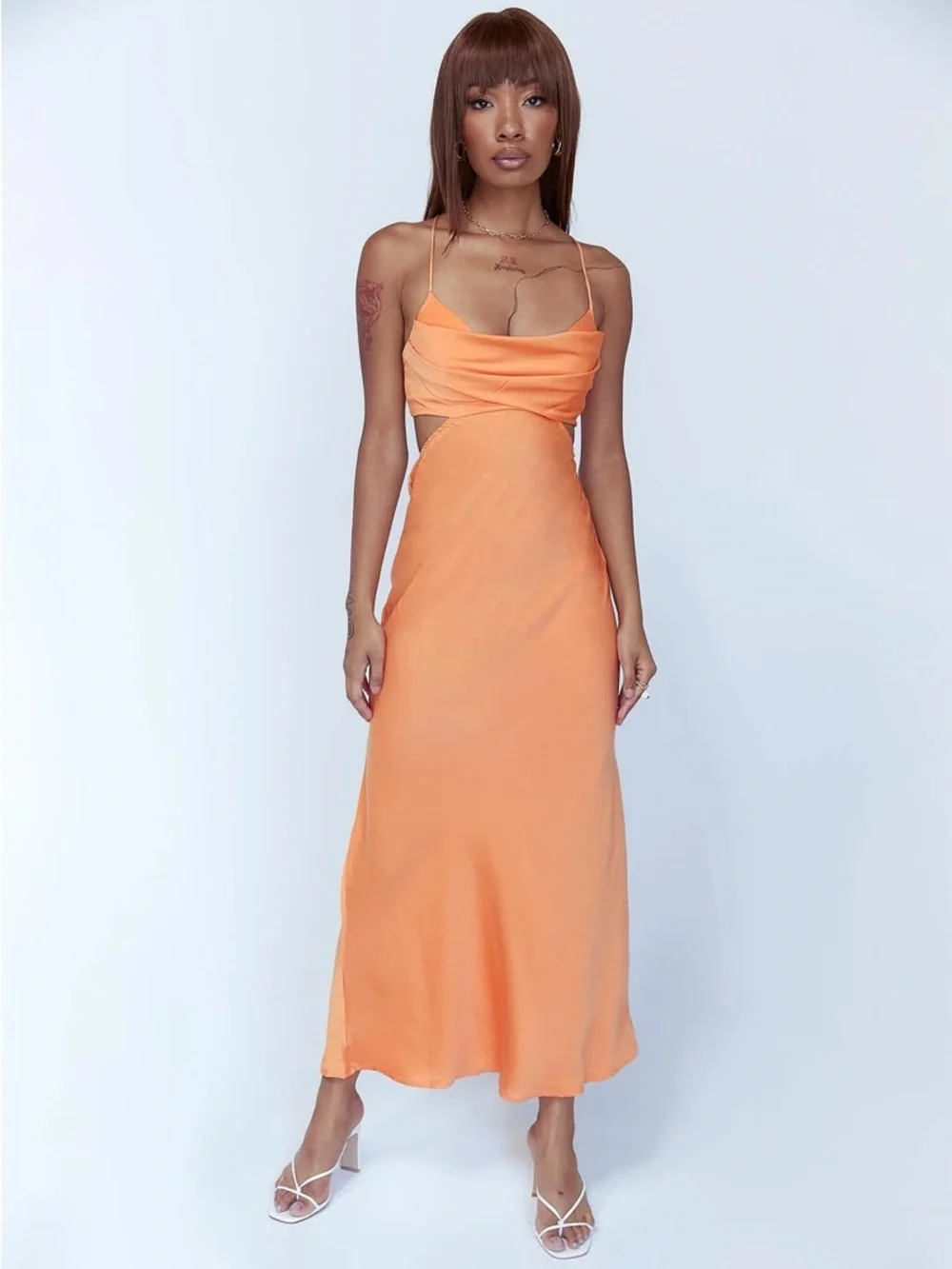 Princess Polly Giselle Midi Dress Peach Satin Cutout Cowl Neck NWT US 6